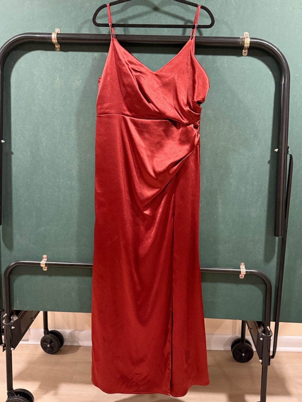 Burnt Orange Satin Slip Dress with Draped Detail